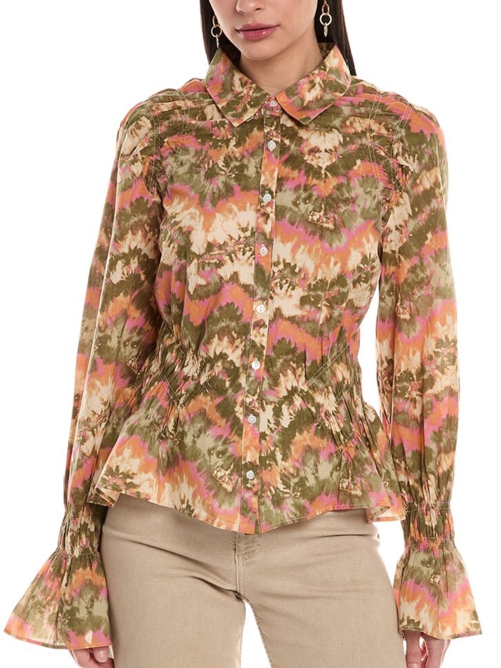 Love the Label Sonia Peplum Button-Down Shirt in Olive & Pink